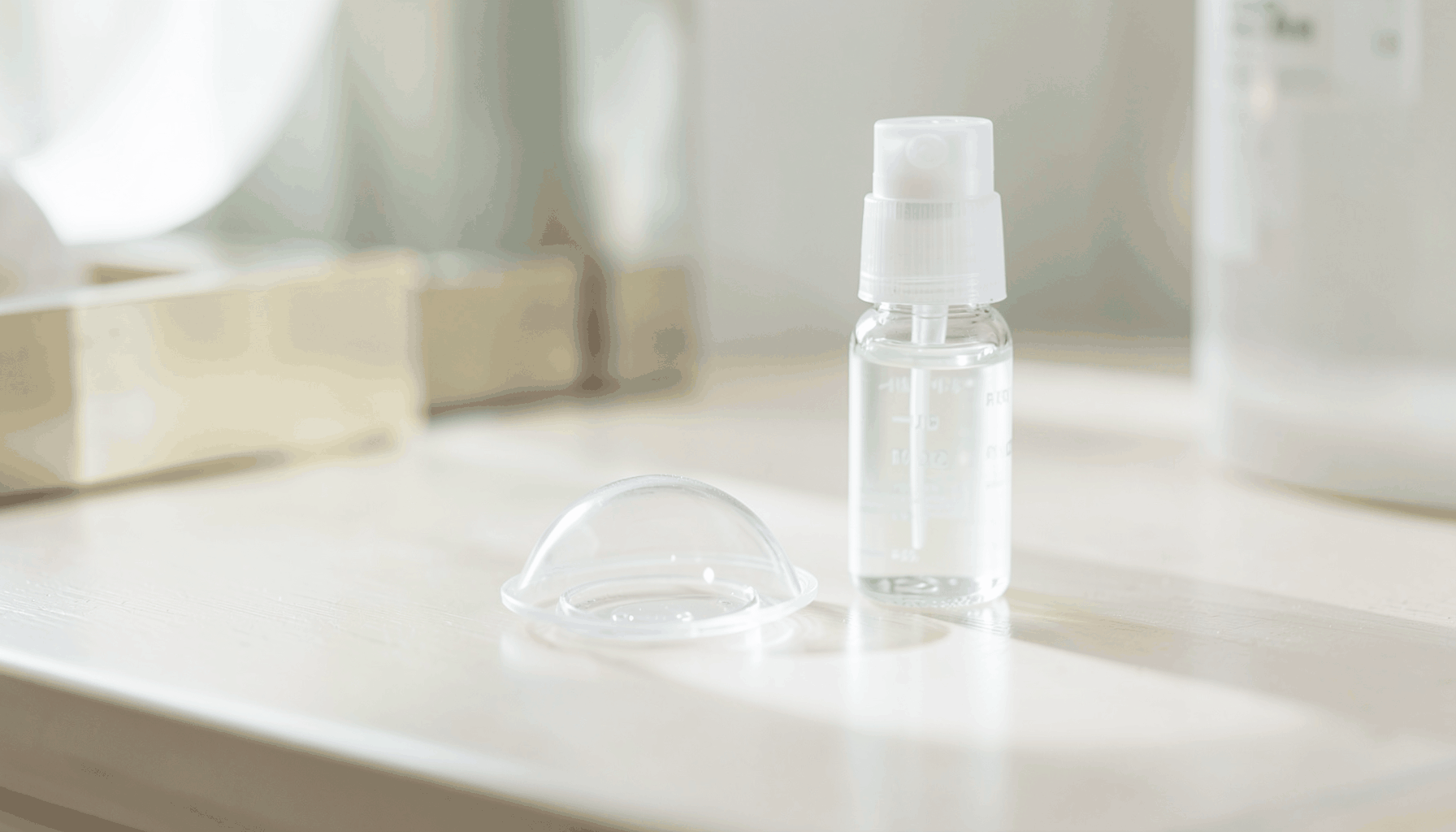 Close-up of a contact lens case and solution bottle on a vanity table, soft natural light, clean and fresh mood