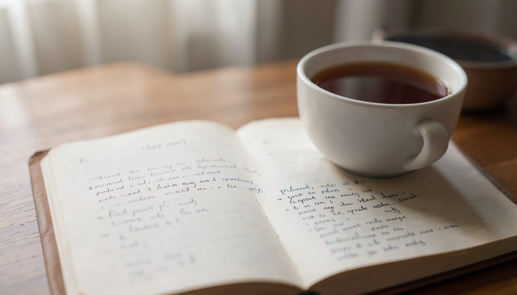 Open journal with handwritten notes beside a cup of tea, soft morning light, calm reflective mood