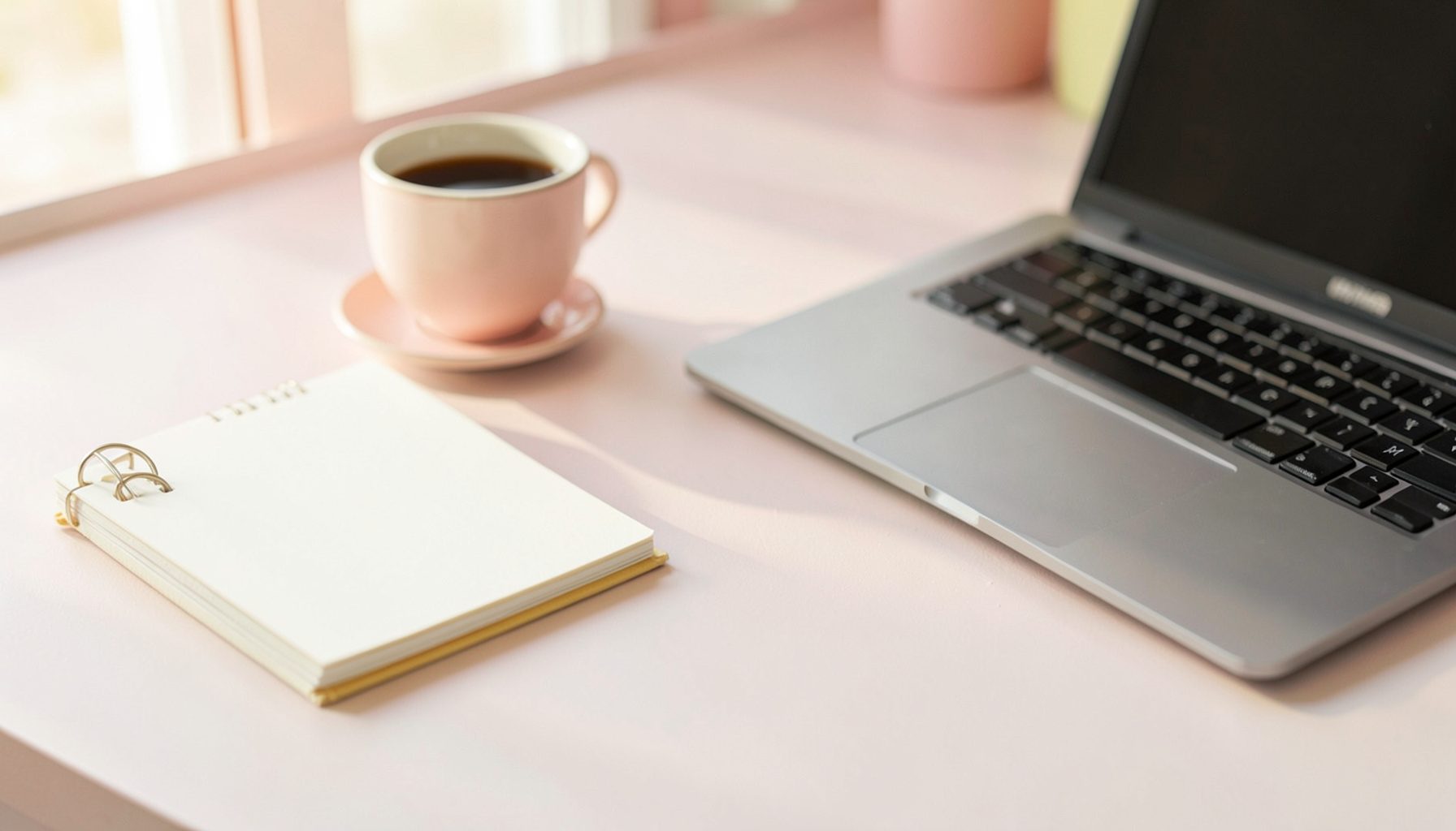 Soft pastel desk scene with a notebook, a cup of coffee, and a laptop, warm natural light, calm and inviting mood